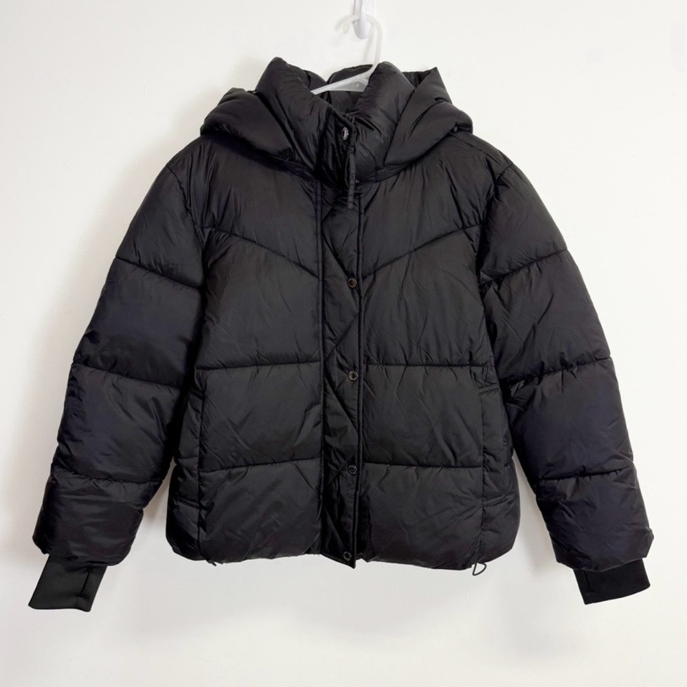 BCBGeneration Jacket Womens Large Black Puffer Hooded Sustainable Water Resistan